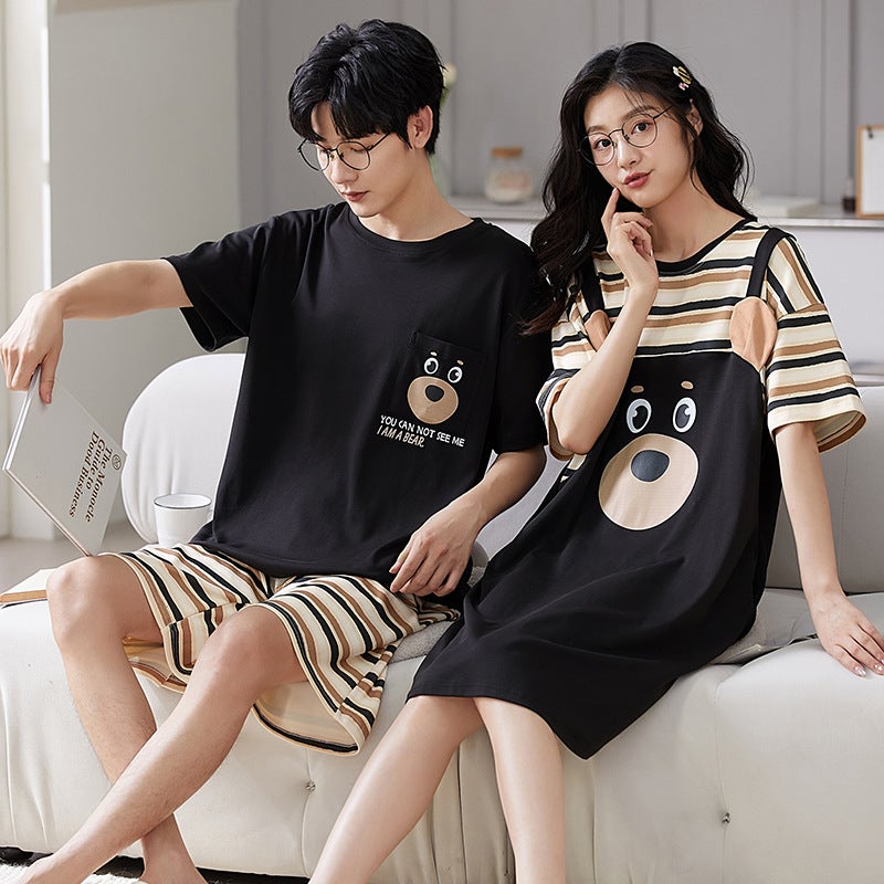 New Summer Couple Pajamas for Women, Short-Sleeved Pure Cotton Wedding Nightgown, Men's Zodiac Year Red Home Wear Set - Image 1