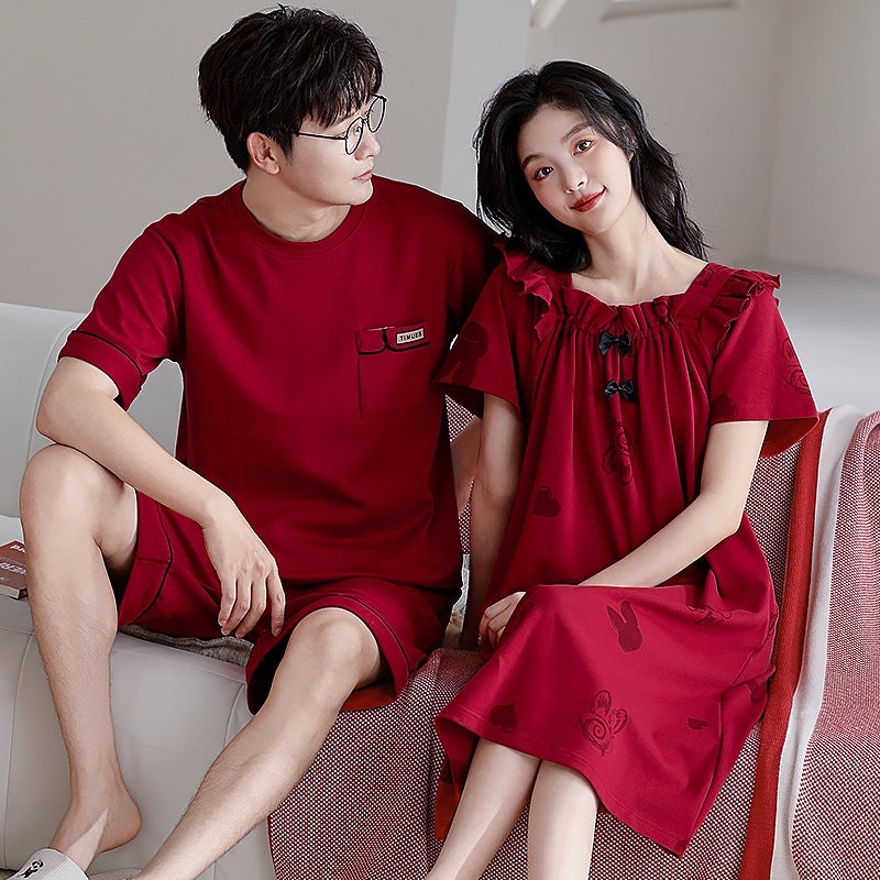 New Summer Couple Pajamas for Women, Short-Sleeved Pure Cotton Wedding Nightgown, Men's Zodiac Year Red Home Wear Set - Image 4