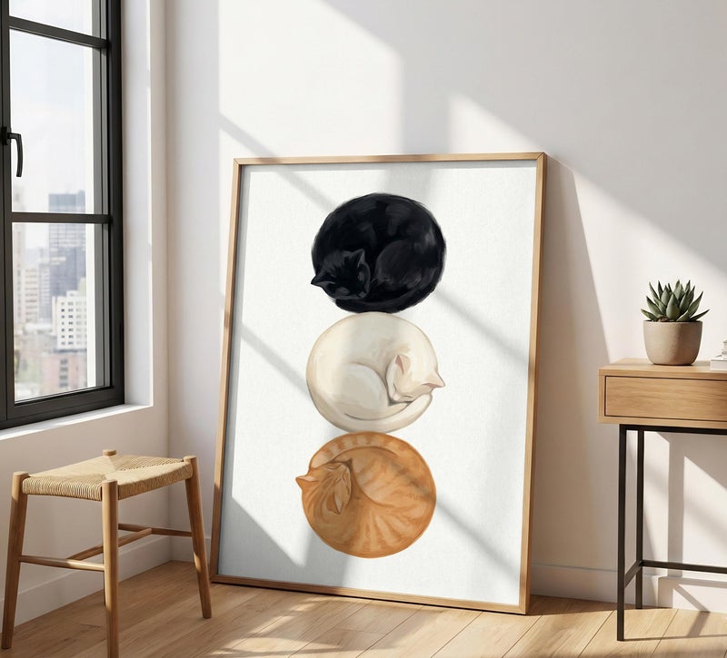 TNESSENTIAL Sleeping Circle Cats Print – Minimalist Pet Wall Art, Stacked Cat Poster, Abstract Feline Decor, Cozy Bedroom Art, Cute Animal Illustration - Image 1