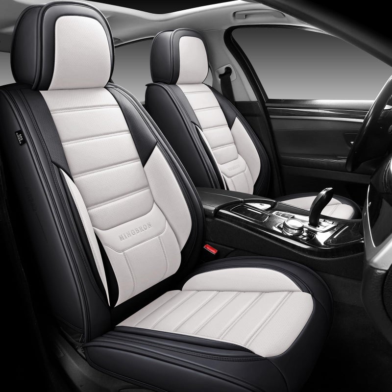 MINGBRON Car Seat Covers Full Set,Black White Car Seat Cover, Car Seat Protector Waterproof, Nappa Leather Car Seat Cushion, Fit for Most Cars - Image 5