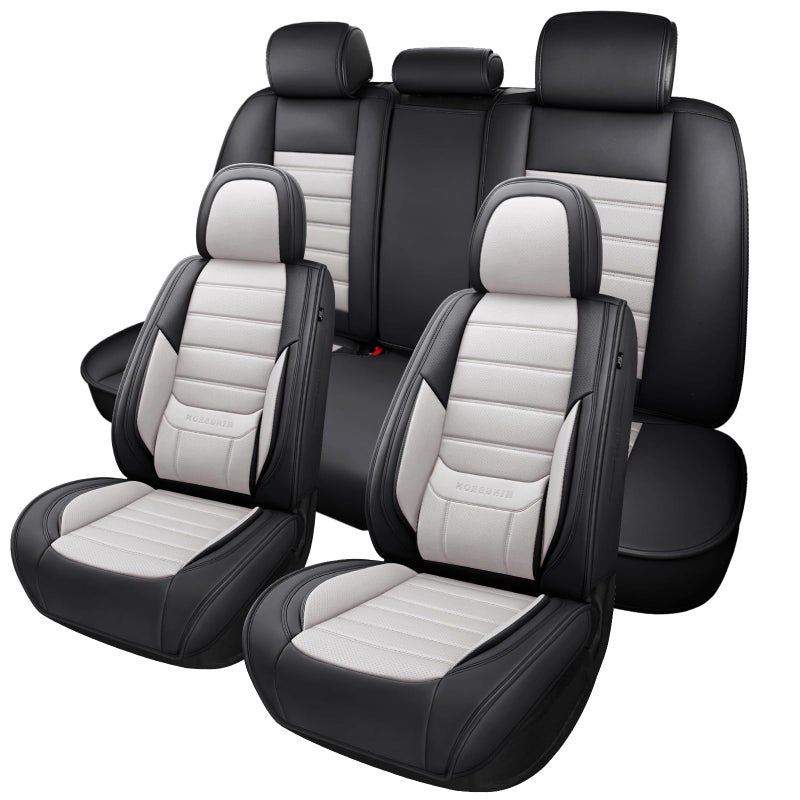 MINGBRON Car Seat Covers Full Set,Black White Car Seat Cover, Car Seat Protector Waterproof, Nappa Leather Car Seat Cushion, Fit for Most Cars - Image 1