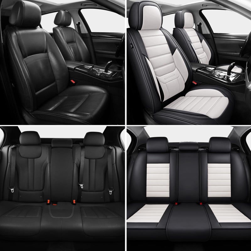 MINGBRON Car Seat Covers Full Set,Black White Car Seat Cover, Car Seat Protector Waterproof, Nappa Leather Car Seat Cushion, Fit for Most Cars - Image 3