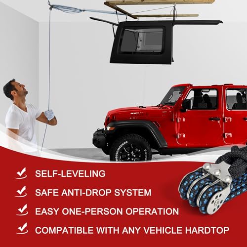 FrameFirm Hardtop AntiFall Removal Lift for Jeep Wrangler JL JK TJ and Other Models with Hardtops Idle Items Kayak Attic Hoist Supports 816 ft Ceilings Comes with 6 TKnobs SinglePerson Operation - Image 3