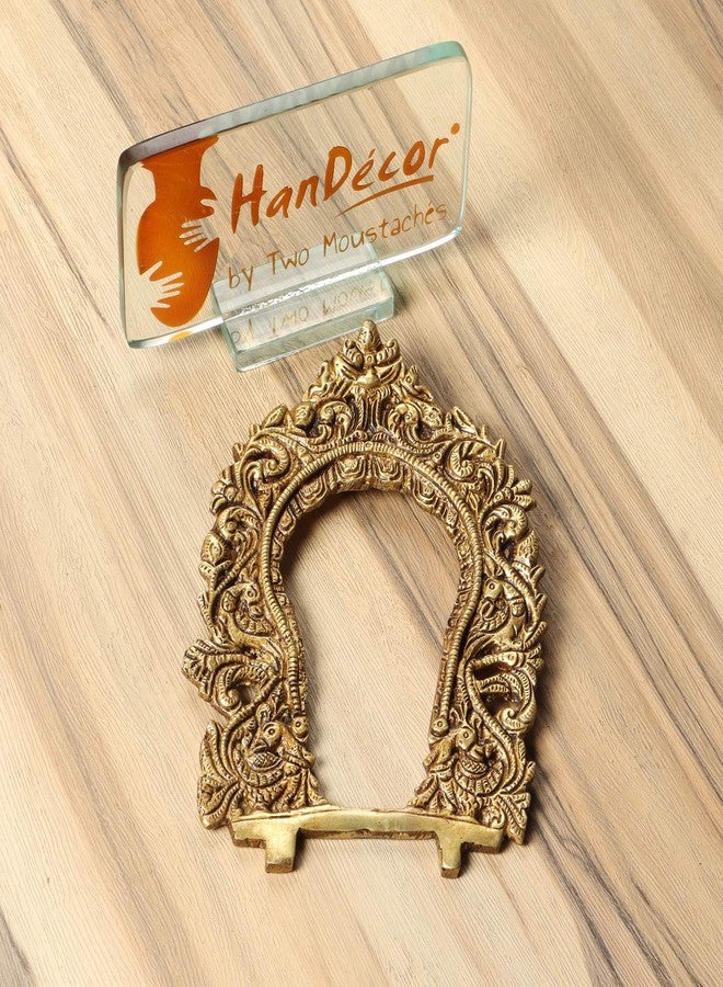 Two Moustaches Ethnic Carved Peacock Design Prabhavali Frame Brass Wall Hanging (Golden) - Image 4