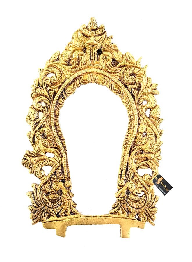 Two Moustaches Ethnic Carved Peacock Design Prabhavali Frame Brass Wall Hanging (Golden) - Image 1