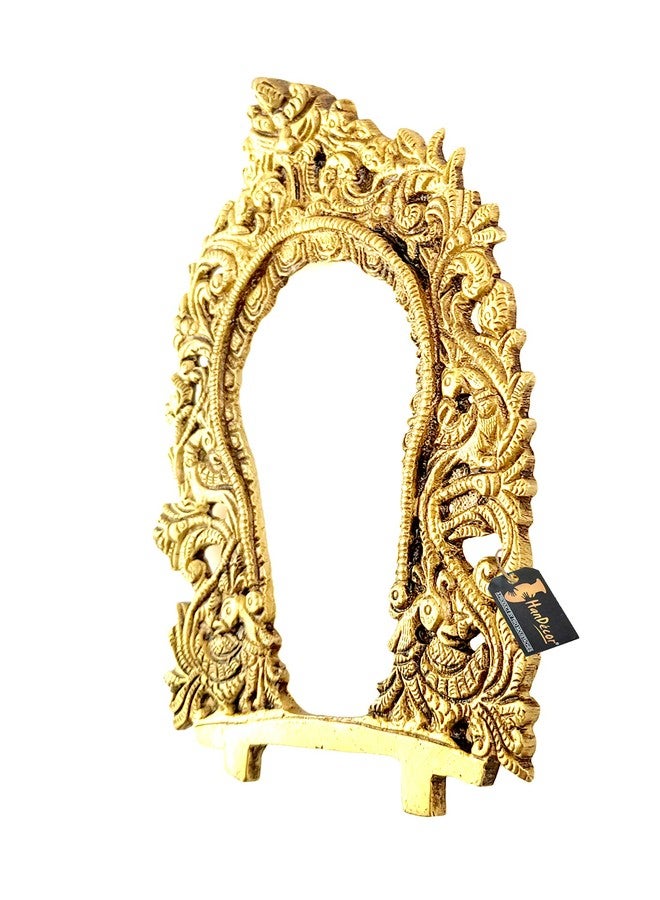 Two Moustaches Ethnic Carved Peacock Design Prabhavali Frame Brass Wall Hanging (Golden) - Image 2