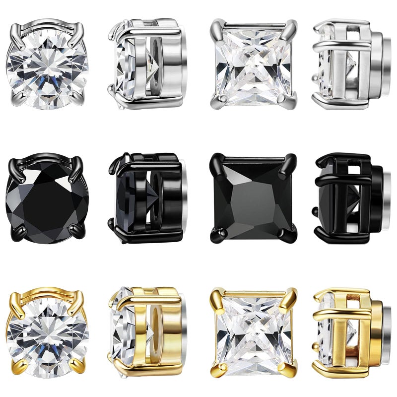 NEWITIN 6 Pairs Stainless Steel Magnetic Stud Earrings for Men Clip on Earring Magnetic Earring Unisex Non Piercing CZ Magnet Studs Diamond Earrings for Women Men - Image 1