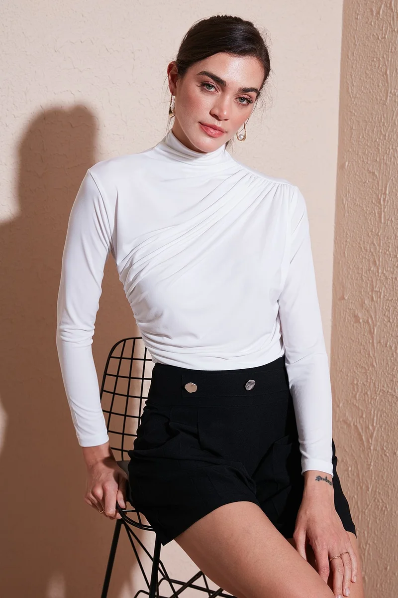 ليلا Stretch Gather Detail Slim Fit Stand Collar Blouse Women's Blouse 669925