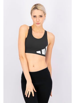 Women Logo Print Padded Sports Bra, Black and White