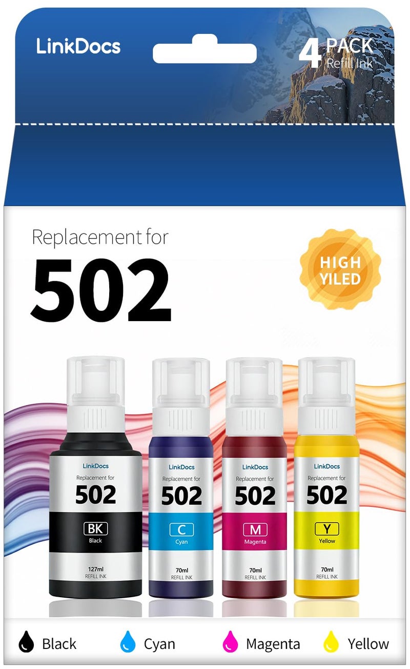 LinkDocs 502 Ink Refill Bottles Compatible Refill Ink Replacement for EPSON Ecotank ET-2760 ET-2850 ET-3760 ET-4760 ET-15000 ET-3850 ET-2750 Printer (Black, Cyan, Magenta, Yellow, 4 Pack) - Image 1