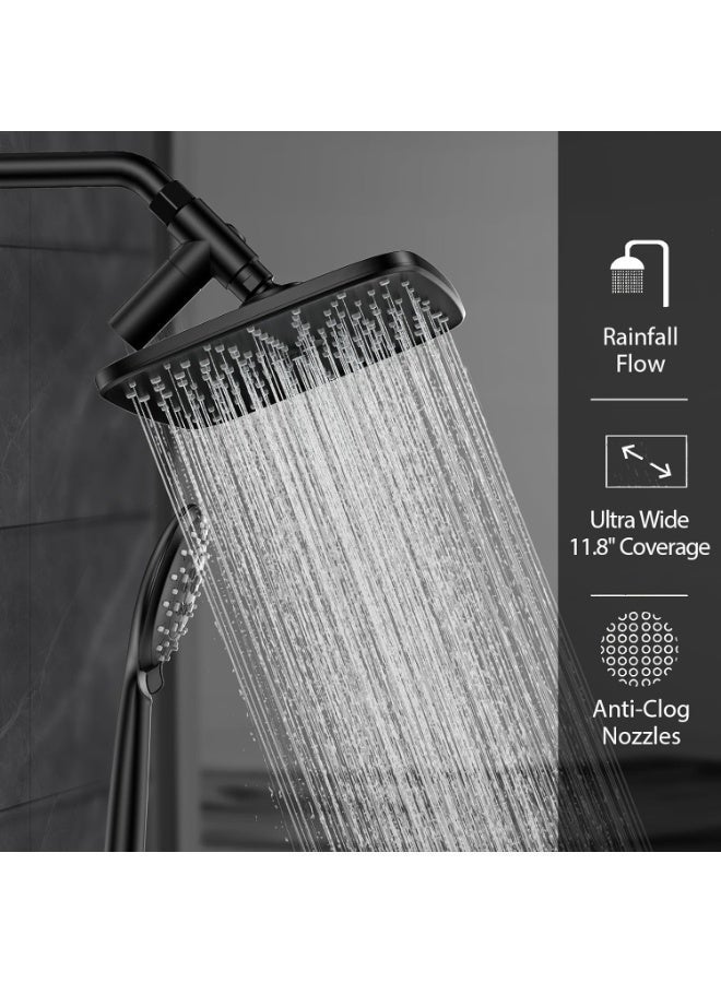 12 Inch High Pressure Rain Shower Head Shower Heads with 5 Modes Handheld Spray Combo Wide RainFall shower with 70 Hose u0026 Bracket Adjustable Dual Showerhead with Anti-Clog Nozzles Chrome - Image 3