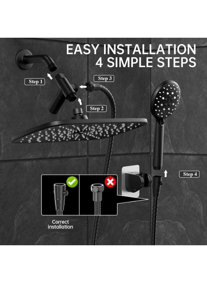 12 Inch High Pressure Rain Shower Head Shower Heads with 5 Modes Handheld Spray Combo Wide RainFall shower with 70 Hose u0026 Bracket Adjustable Dual Showerhead with Anti-Clog Nozzles Chrome - Image 5