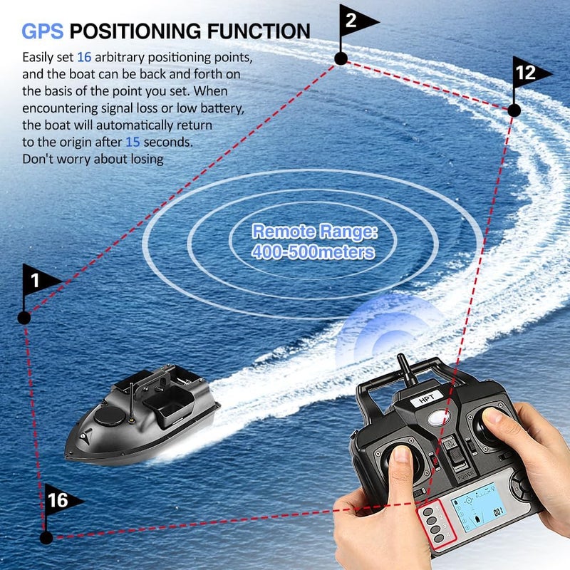 DEXO GPS Fishing Bait Boat with 12000mAh Battery – Remote Control Carp Fishing Boat with 3 Bait Containers & Auto Return Function - Image 4
