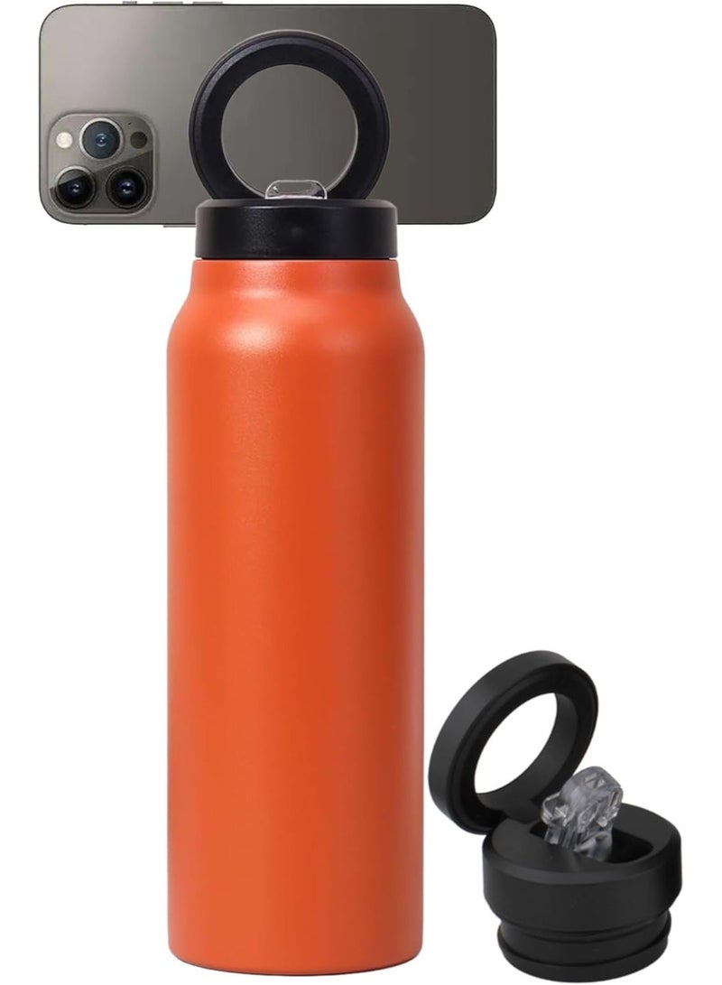 BrainGiggles 720ml Stainless Steel Water Bottle with Magnetic Lid Phone Holder Mag-Safe Compatible Tripod Substitute Insulated Thermos Flask Sports Gym Outdoor for iPhone 12-15 - Orange - Image 1