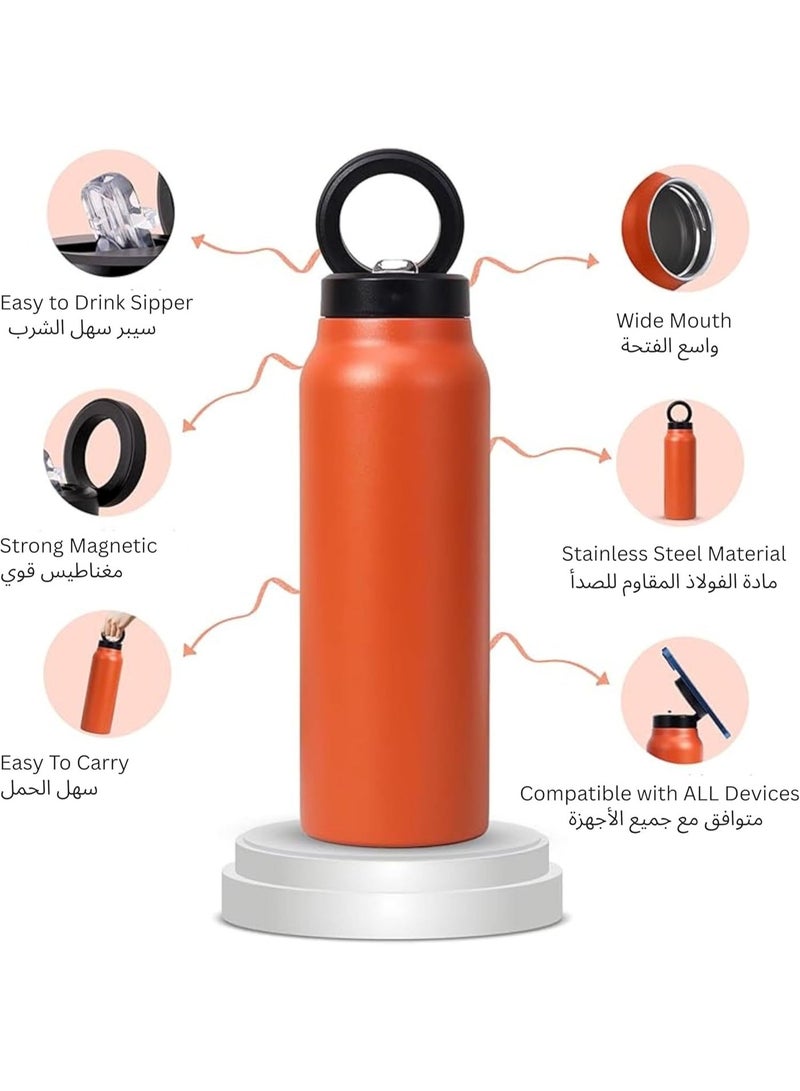 BrainGiggles 720ml Stainless Steel Water Bottle with Magnetic Lid Phone Holder Mag-Safe Compatible Tripod Substitute Insulated Thermos Flask Sports Gym Outdoor for iPhone 12-15 - Orange - Image 5