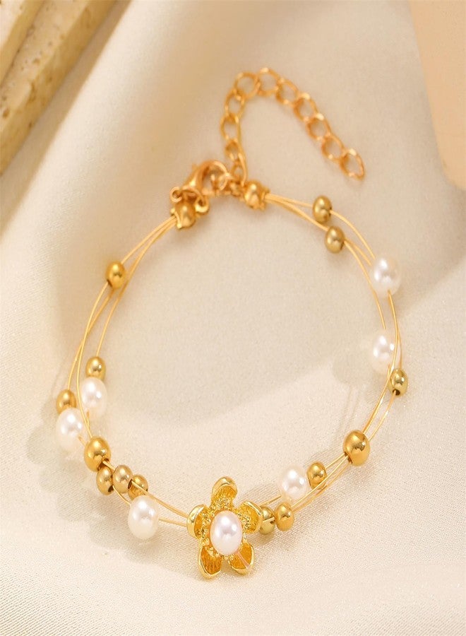 RLHRNDE Gold Bracelet for Women Pearl Flower Charm Bracelet Vintage Rose Temperament Bracelet Dainty Gold Adjustable Bracelets Valentine's Day Mothers Day Birthday Jewelry Gift (White) - Image 4