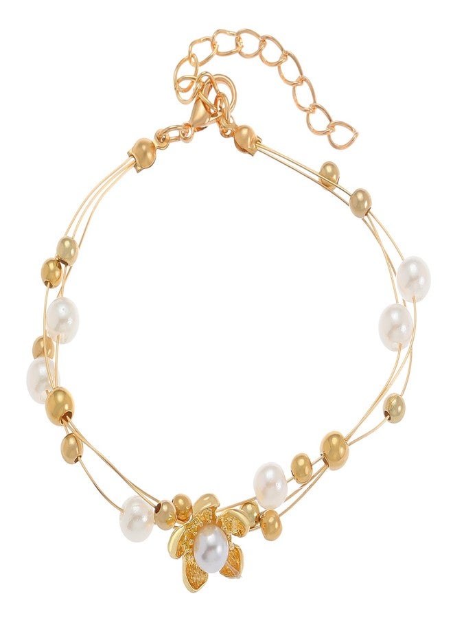 RLHRNDE Gold Bracelet for Women Pearl Flower Charm Bracelet Vintage Rose Temperament Bracelet Dainty Gold Adjustable Bracelets Valentine's Day Mothers Day Birthday Jewelry Gift (White) - Image 1