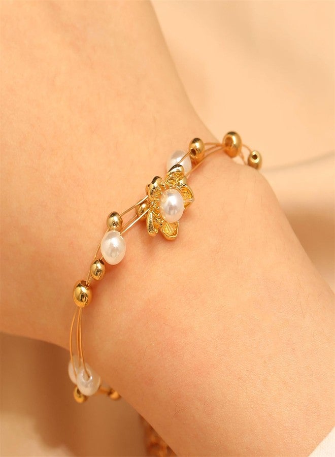 RLHRNDE Gold Bracelet for Women Pearl Flower Charm Bracelet Vintage Rose Temperament Bracelet Dainty Gold Adjustable Bracelets Valentine's Day Mothers Day Birthday Jewelry Gift (White) - Image 2