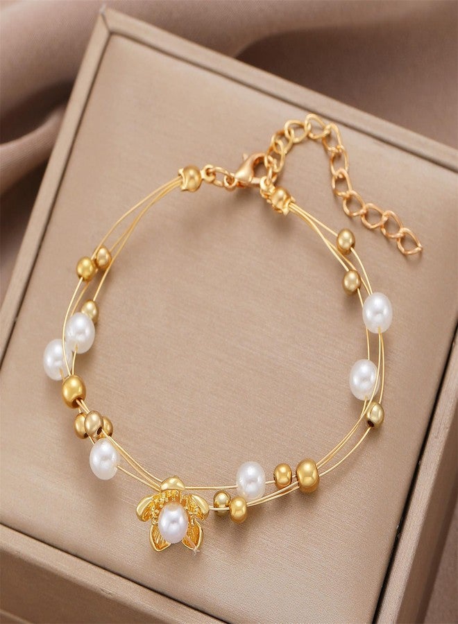 RLHRNDE Gold Bracelet for Women Pearl Flower Charm Bracelet Vintage Rose Temperament Bracelet Dainty Gold Adjustable Bracelets Valentine's Day Mothers Day Birthday Jewelry Gift (White) - Image 5