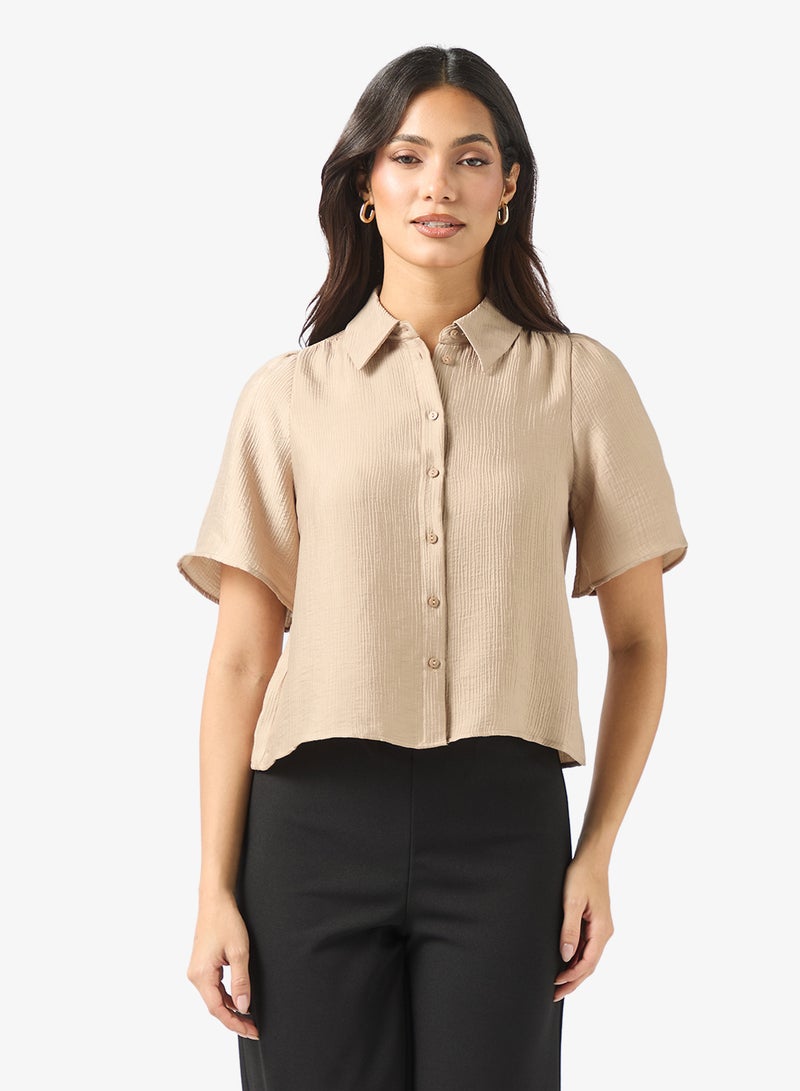 فيرو مودا بلوزة قصيرة بأزرار وأكمام قصيرة منسوجة - Image 1