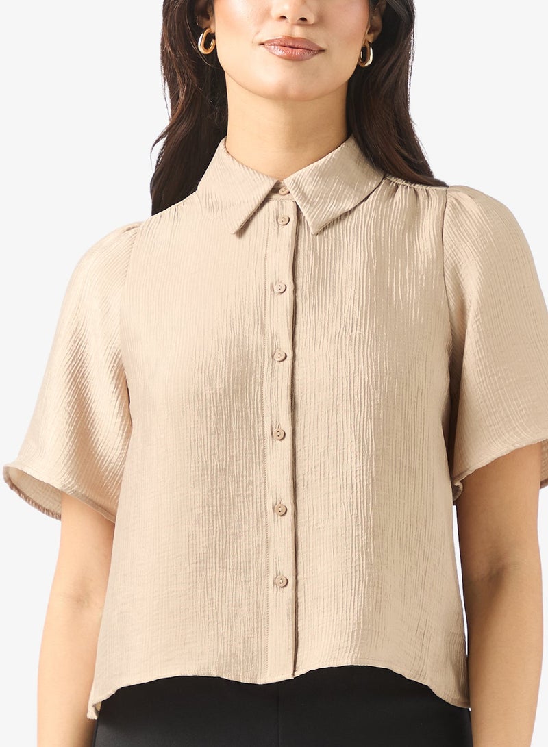 فيرو مودا بلوزة قصيرة بأزرار وأكمام قصيرة منسوجة - Image 3