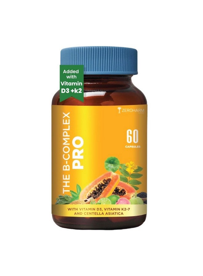 Zeroharm B-Complex Pro with Vitamin D3 & K2-7 | Vitamin B-Complex With B1, B2, B3, B5, B6, B9 & Vit B12 | Plant-Based Supplement | Supports Energy & Immunity For Men and Women | 60 Veg Capsules - Image 1