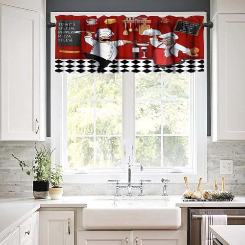 Yearn Jear Chef Kitchen Valance Curtains,Vintage Fat Chef Buffalo Plaid Checked Rod Pocket Red Kitchen Decor Window Valance Tiers Small Cafe Curtains Drapes for Living Room Bedroom Bathroom Windows 54x18 In - Image 4