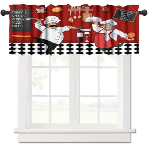 Yearn Jear Chef Kitchen Valance Curtains,Vintage Fat Chef Buffalo Plaid Checked Rod Pocket Red Kitchen Decor Window Valance Tiers Small Cafe Curtains Drapes for Living Room Bedroom Bathroom Windows 54x18 In - Image 1