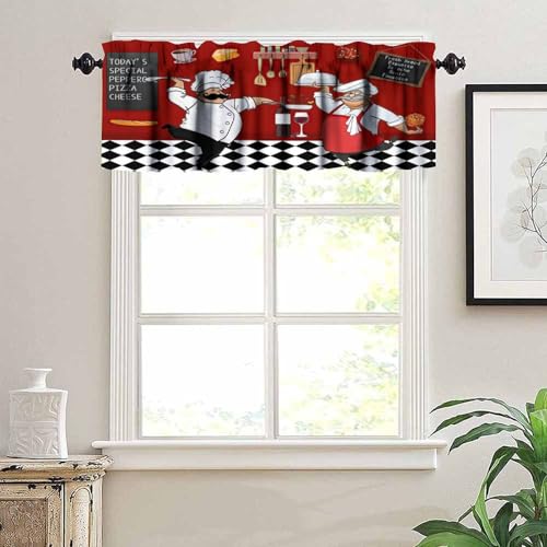 Yearn Jear Chef Kitchen Valance Curtains,Vintage Fat Chef Buffalo Plaid Checked Rod Pocket Red Kitchen Decor Window Valance Tiers Small Cafe Curtains Drapes for Living Room Bedroom Bathroom Windows 54x18 In - Image 5