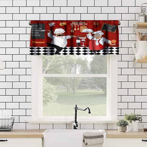 Yearn Jear Chef Kitchen Valance Curtains,Vintage Fat Chef Buffalo Plaid Checked Rod Pocket Red Kitchen Decor Window Valance Tiers Small Cafe Curtains Drapes for Living Room Bedroom Bathroom Windows 54x18 In - Image 3