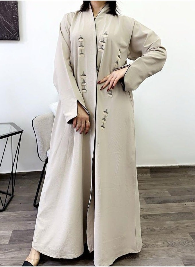 FASHION LINE Abaya Hand Embroidered Design with Full Front Work High-Neck Cream  - Image 4