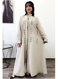 FASHION LINE Abaya Hand Embroidered Design with Full Front Work High-Neck Cream  - Image 3