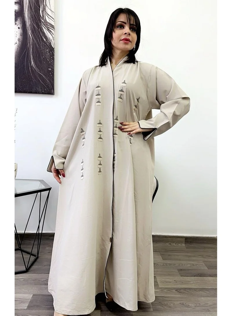 Fashion Line Abaya Hand Embroidered Design with Full Front Work High-Neck Cream