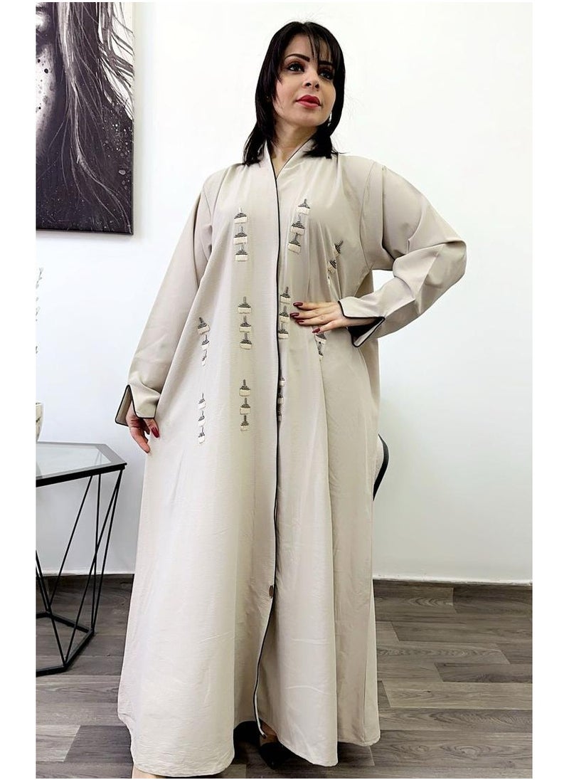 FASHION LINE Abaya Hand Embroidered Design with Full Front Work High-Neck Cream  - Image 1