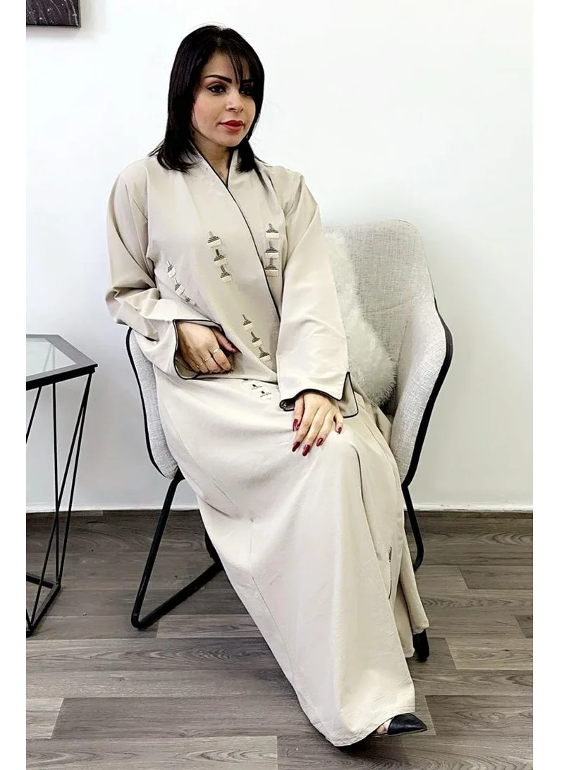 Fashion Line Abaya Hand Embroidered Design with Full Front Work High-Neck Cream