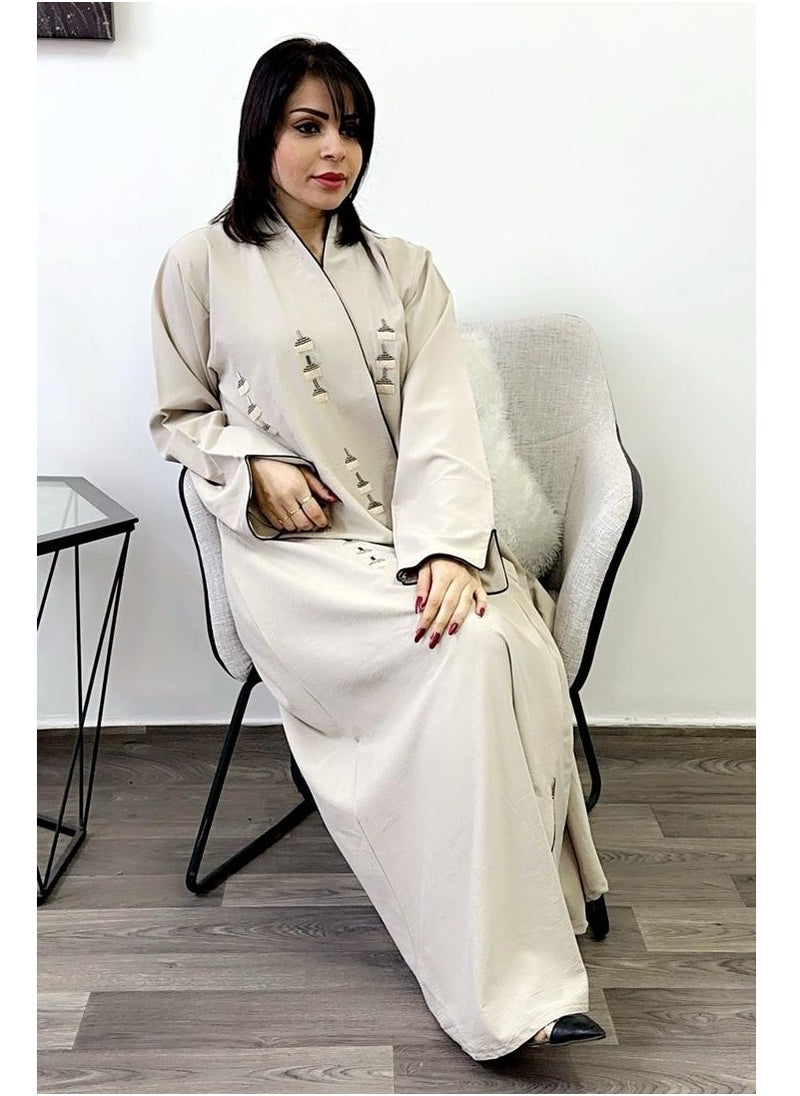 FASHION LINE Abaya Hand Embroidered Design with Full Front Work High-Neck Cream  - Image 2