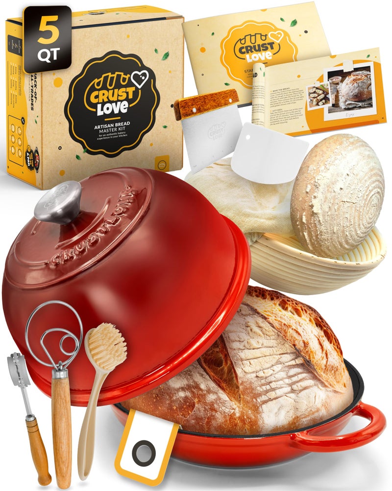CRUSTLOVE Dutch Oven Bread Baking - 5QT Enamel Bread-Oven - incl Sourdough Bread-Baking Suppliers like Dough Whisk Scoring Lame etc Bread-Dome Cast Iron Bread-Pan with Lid for Sour dough, Bread-making - Image 1
