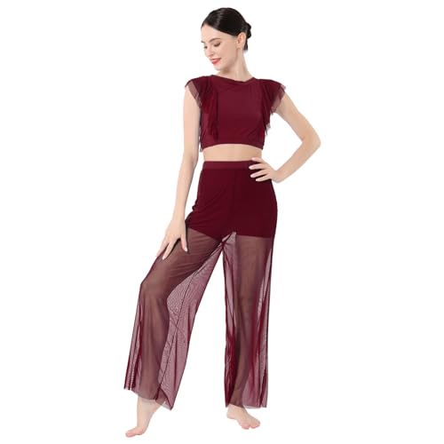 IBAKOM Lyrical Dance Dress for Women 2PCS Chiffon Crop Top Ballet Leotard Shorts Mesh Sheer Pants Dance Costume Adult Contemporary Dance Dress Backless Ballerina Salsa Ballroom Dress Burgundy 2PCS S - Image 3