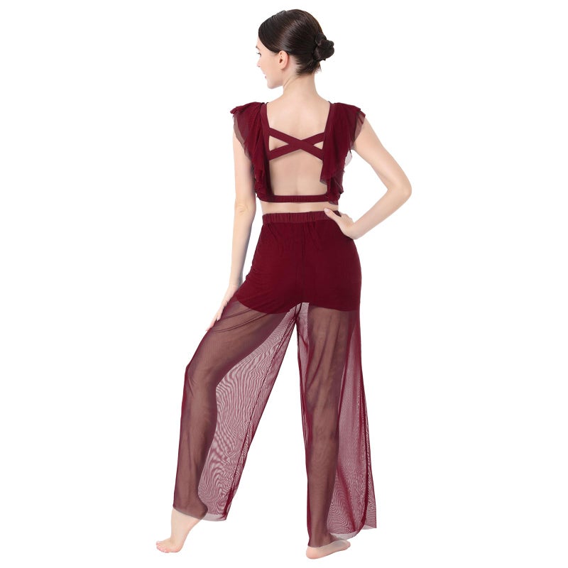 IBAKOM Lyrical Dance Dress for Women 2PCS Chiffon Crop Top Ballet Leotard Shorts Mesh Sheer Pants Dance Costume Adult Contemporary Dance Dress Backless Ballerina Salsa Ballroom Dress Burgundy 2PCS S - Image 2