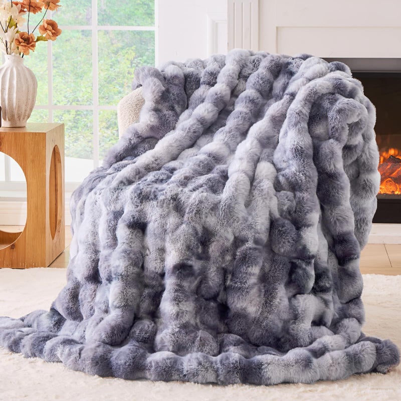 BENVWE Fluffy Faux Fur Throw Blanket for Couch  Soft Plush Thick Cozy Fuzzy Luxury Minky Bubble Blanket for Home Living Room Decor Gifts for Women Tiedye Light Grey 51 x 63 1100GSM