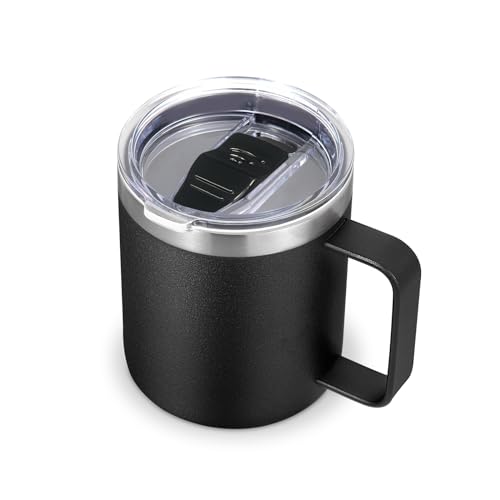 Volhoply 14oz Insulated Stainless Steel Coffee Mug with Leakproof LidDouble Wall Vacuum Travel Coffee Cup with HandleReusable Metal Cups TumblerCamping Mugs Keep HotColdGiftsBlack1 - Image 1
