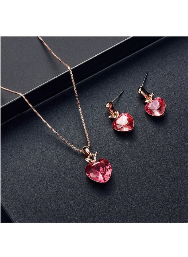 Goolsky مجموعة مجوهرات كريستال القلب الوردي الرومانسي - قلادة وأقراط متلألئة، هدية رائعة لها في عيد الحب وأعياد الميلاد - Image 3