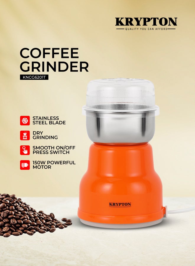 Electric Coffee Grinder – 150W Powerful Motor | 40g Bean Cup Capacity | Stainless Steel Blade & Jar | Ergonomic Grip | Multi-Purpose for Coffee Beans, Spices, Nuts, Bread, Herbs 150 W KNCG6201T Orange