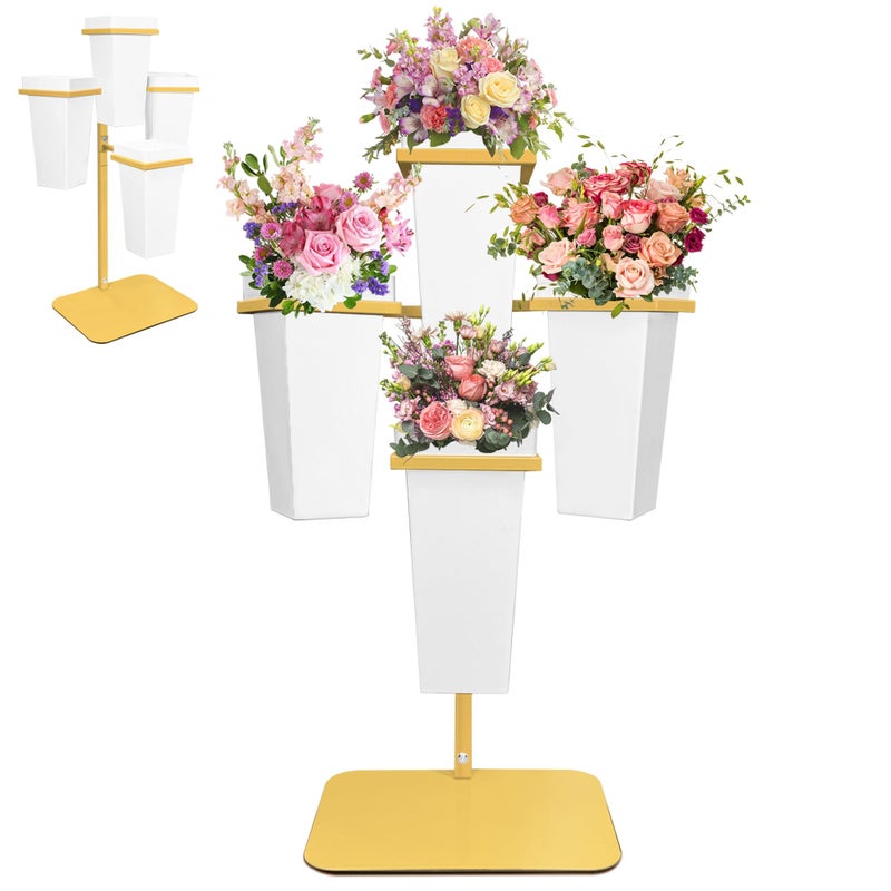 PROLEE Flower Display Stand with Buckets, Wedding Flower Cart Display Stand with Wheels,Flower Stand for Wedding Party, Events and Garden Decor (White) - Image 1