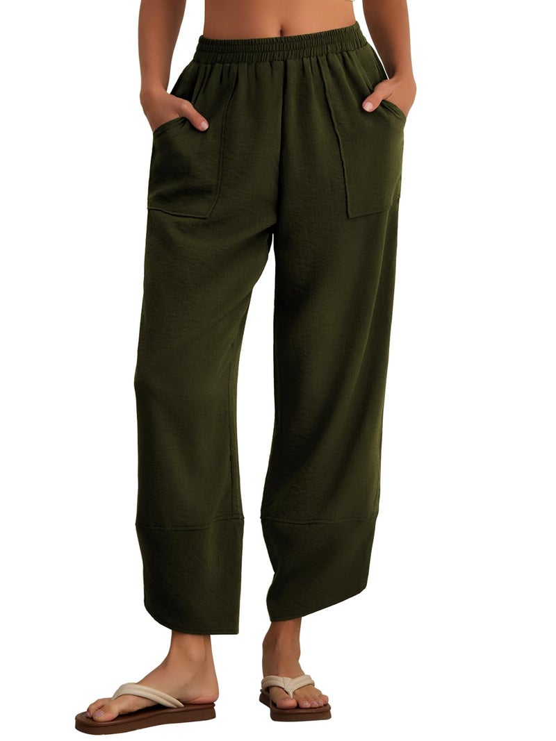 Feiersi Womens Baggy Wide Leg Pants Elastic Waisted Casual Palazzo Harem Pants Summer Beach Trousers(Army Green,Large) - Image 2