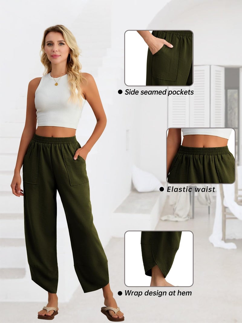 Feiersi Womens Baggy Wide Leg Pants Elastic Waisted Casual Palazzo Harem Pants Summer Beach Trousers(Army Green,Large) - Image 4