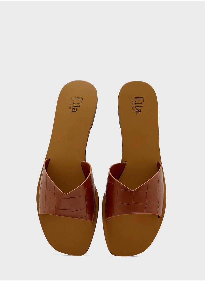 ELLA - Croc Effect V Detail Flat Sandal - Image 1
