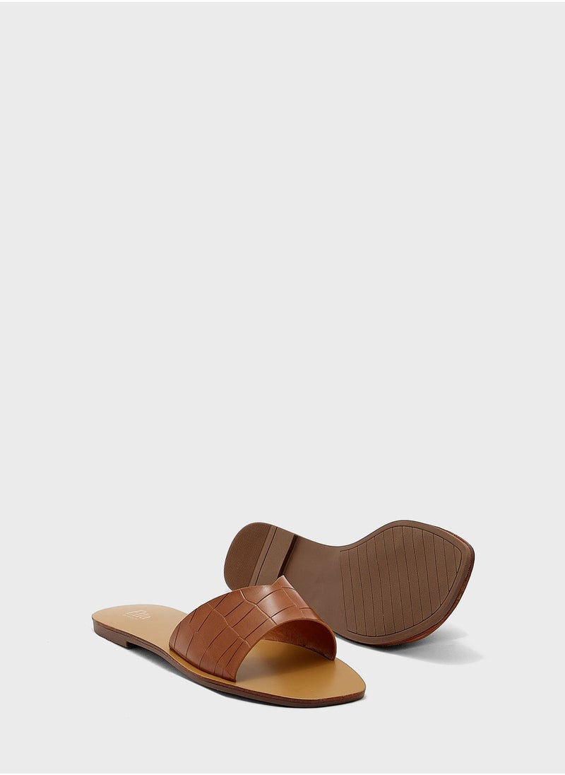 ELLA - Croc Effect V Detail Flat Sandal - Image 1