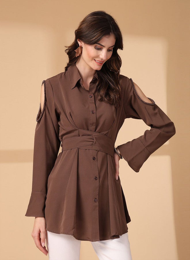 PlusS Brown Cold-Shoulder Longline Shirt for Women - Image 3