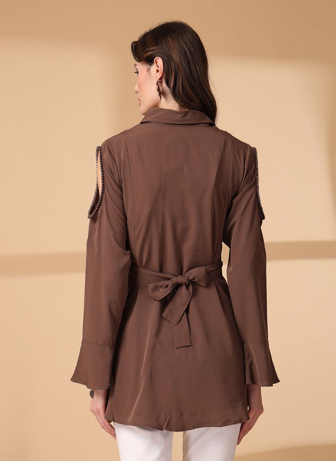 PlusS Brown Cold-Shoulder Longline Shirt for Women - Image 5